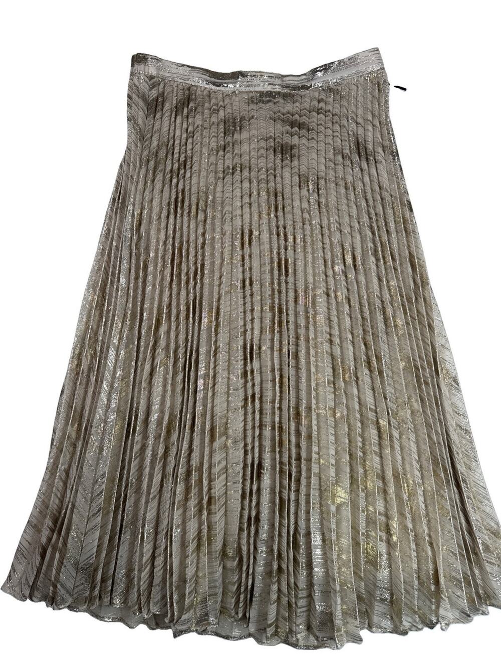 Moulinette Soeurs Anthropologie Gold Metallic Pleated Midi Skirt Size 6 Shimmery